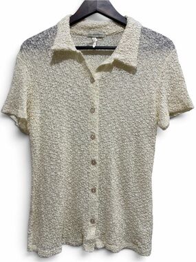 Cream Sheer Textured Knit Collared Top L Short Sleeve Button Front Retro Minimal
